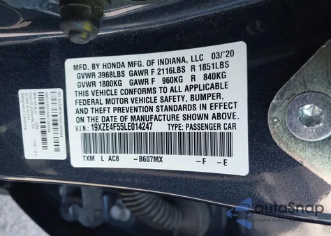 2020 Honda Insight Ex from USA, damaged, VIN 19XZE4F55LE014247